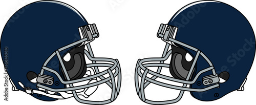 Dark blue American football helmet with a gray facemask. Helmets with and without a chin strap