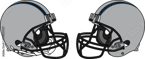Gray American football helmet with a black facemask. Helmets with and without a chin strap