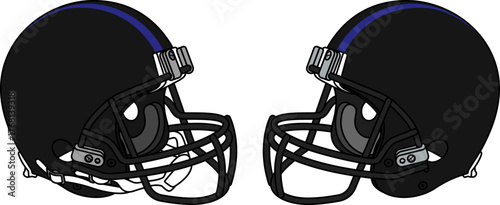 Black American football helmet with a black facemask. Helmets with and without a chin strap