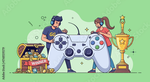 Passionate gaming duo celebrating victory with oversized controller and treasure chest loot