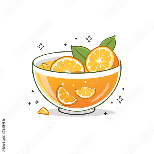 Refreshing Citrus Bowl with Sliced Oranges and Shiny Stars, a Zesty and Bright Cartoon Illustration for Summer Vibes