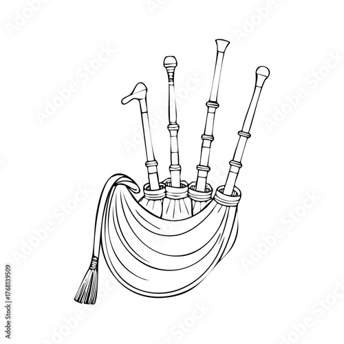 Traditional Bagpipes Musical Instrument Line Art Illustration With Tassel