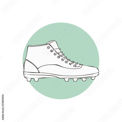 Hand drawn line art illustration of a vintage high top football cleat shoe icon