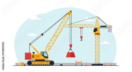 Illustration of construction site showcasing two cranes lifting heavy materials against a cloudy sky