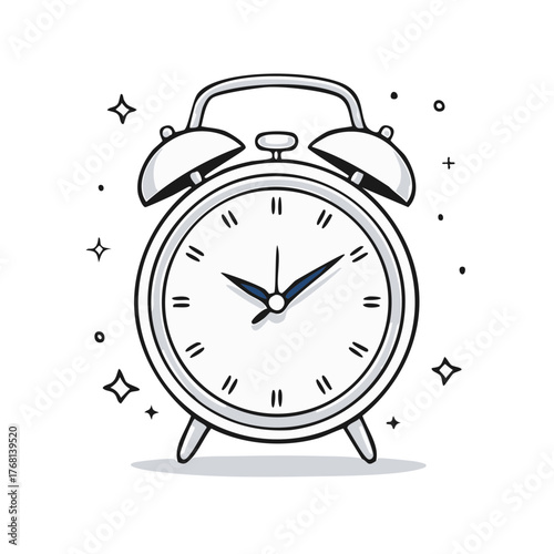 Illustration of an alarm clock with twin bells showing the time, surrounded by stars and other shapes, sketched line drawing on white