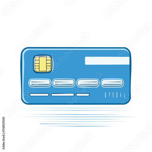 Blue credit card with electronic chip and signature strip stylized for payments and finance
