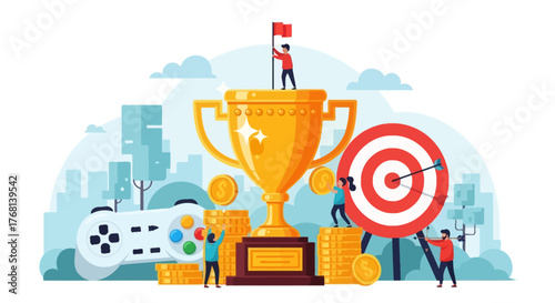 Winning at gaming: vector illustration of esports competition success and achievement