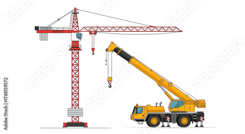 Illustration depicting construction site equipment with tower crane and mobile crane on white