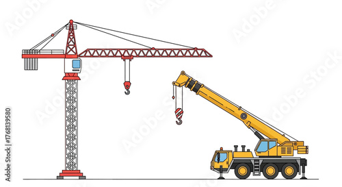 Cartoon Illustration of Tower Crane and Mobile Crane for Construction Site Scenery Illustration