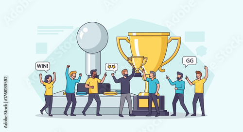 Celebration of Success: Team Celebrating Victory with Trophies and Excitement vector illustration