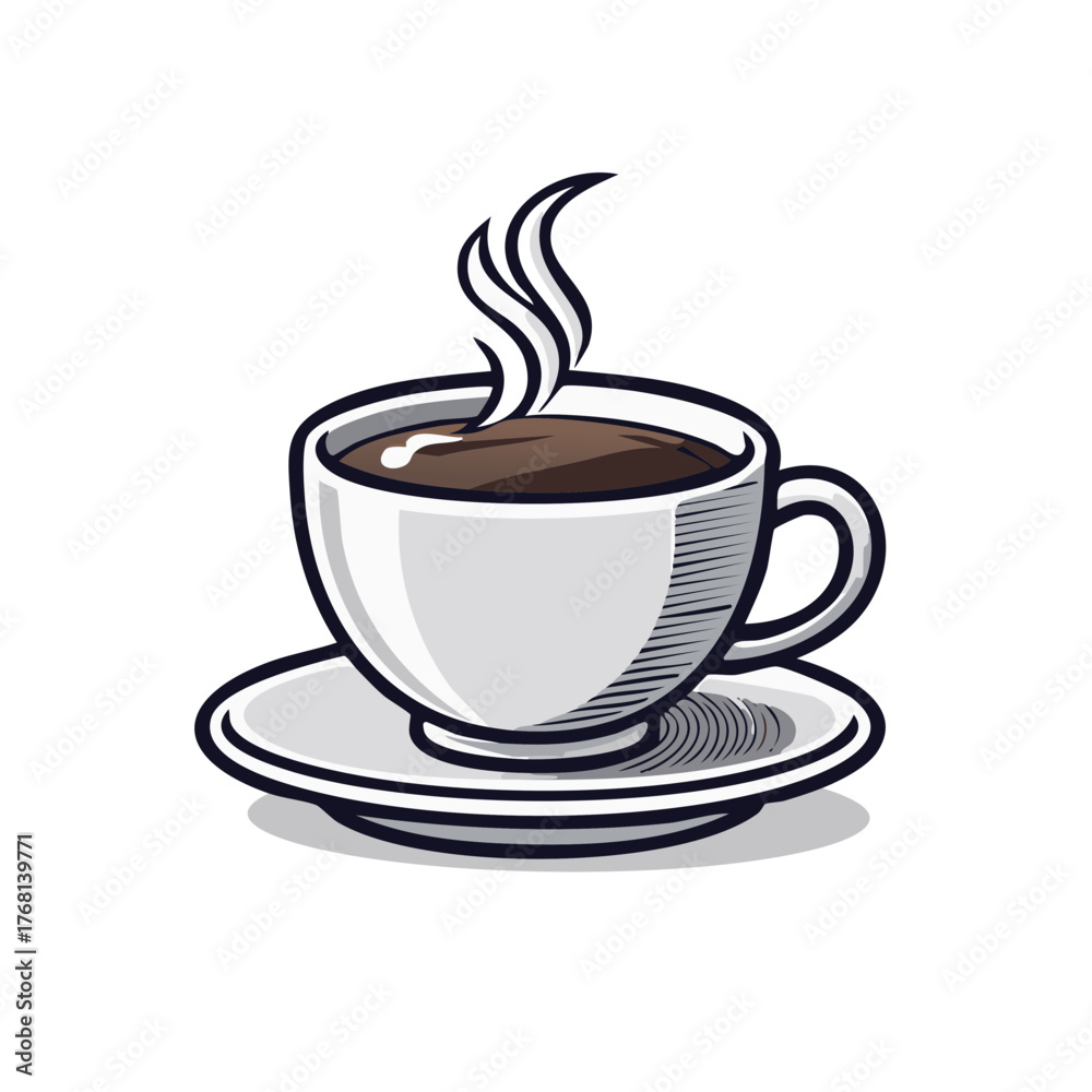Fototapeta premium Steaming Coffee Cup on Saucer Cartoon Style Image
