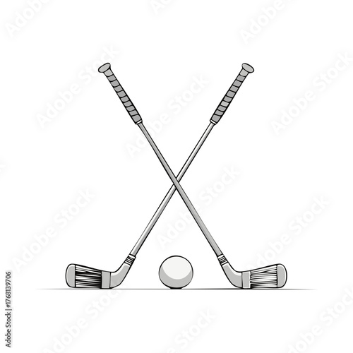 Crossed Golf Clubs and Ball Icon with Hand-Drawn Sketch Style