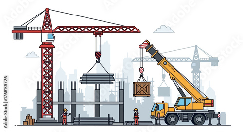 Construction site scene with cranes, workers, and building structure development illustration