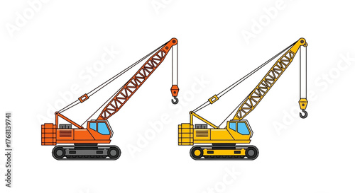 Construction engineering equipment illustration: two colored crawler cranes for heavy lifting