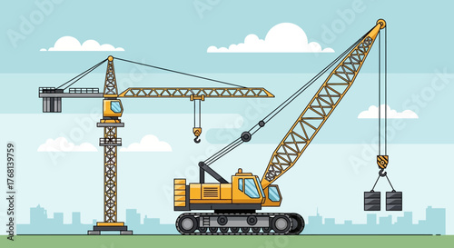 Cartoon styled illustration of construction cranes in a city setting on a bright day