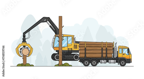 Illustrated logging operation showcases heavy machinery harvesting timber efficiently in forest