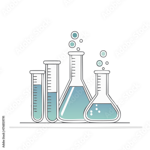 Laboratory glassware with bubbling blue liquid, science experiment, chemical lab equipment vector illustration