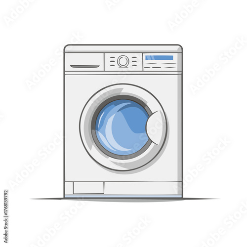 Isolated washing machine in white with a blue inner circle of the door for clothing cleansing and cleanliness of laundry rooms