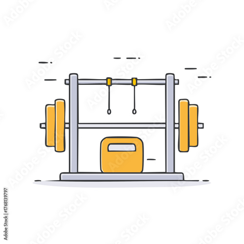 Gym equipment training set. Weight rack, cable weights, dumbbell and barbell. Illustration. Outline, minimal cartoon design. Fitness sport workout.