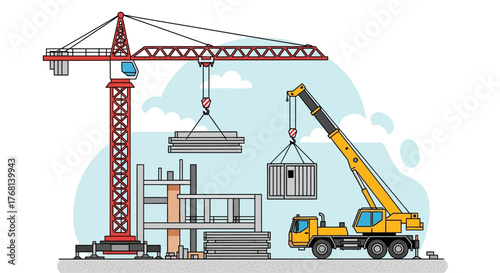 Illustration showcasing a building construction site with cranes and building components