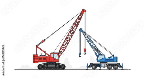 Colorful construction cranes illustration showcasing engineering and industrial power with