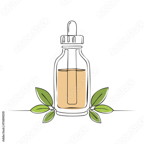 Minimalist Line Art Dropper Bottle with Natural Oil and Green Leaves