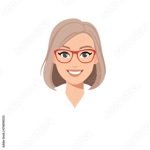 Friendly cartoon woman with blonde bob and red glasses smiling