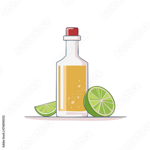 Illustration of a bottle of tequila with lime slices on a white background.