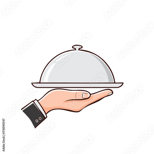 Cartoon hand serving a covered platter on a plate
