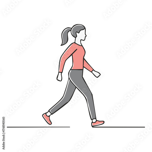 Line drawing of woman walking with ponytail wearing exercise clothing stepping forward