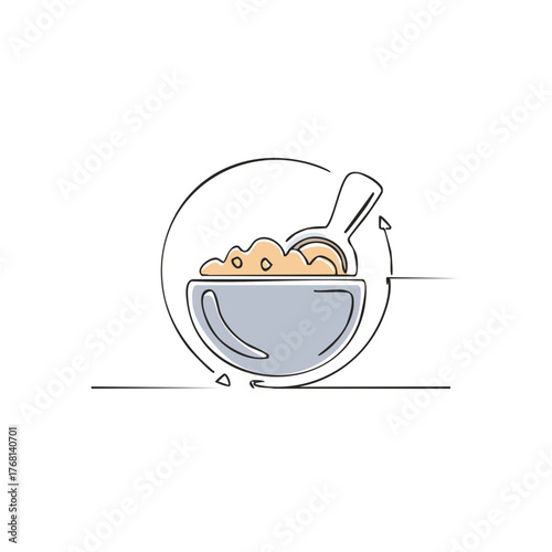 Minimalist single line drawing of a bowl of cereal with a spoon, circular design