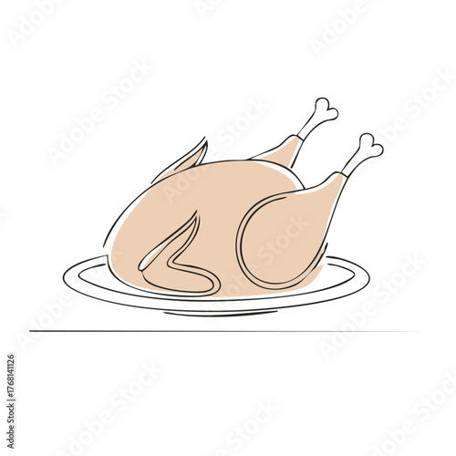 Minimalist line art illustration of a whole roasted turkey or chicken on a serving platter for a holiday meal
