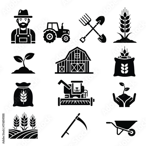 Farm life icon set featuring farmer tractor barn crops and harvesting equipment for agriculture projects silhouette