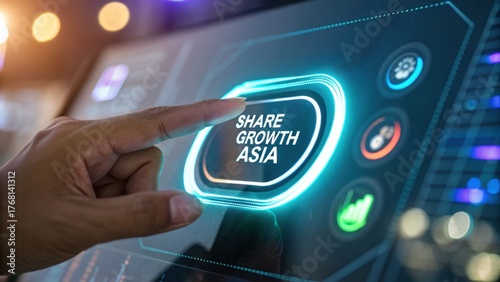 A hand interacts with a screen that promotes business share growth in Asia