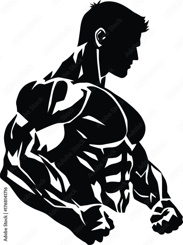 Fototapeta premium Monochrome Silhouette Illustration of a Muscular Male Figure in Side Profile with Defined Upper Body and Clenched Fists in a Black and White Design Emphasizing Strength and Power