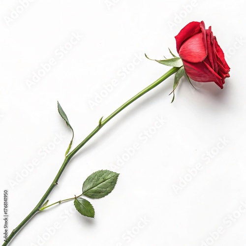 Single Red Rose with Long Stem Isolated on White Background