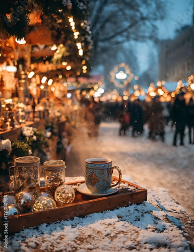 Warm drinks and festive lights illuminate a winter christmas market scene