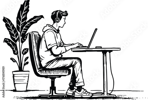 Monochrome Line Drawing of a Person Wearing Headphones and Hoodie Working on a Laptop at a Desk with Potted Plant in a Stylized Black and White Composition Representing Focused Remote Work
