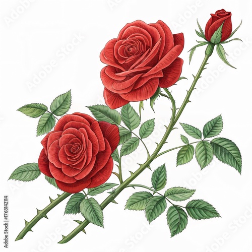 Fresh Red Roses with Green Leaves and Buds on White Background