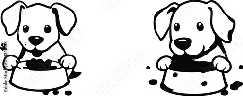 Cartoon-Style Monochrome Illustration of a Playful Puppy Sitting Beside a Food Bowl with Spilled Contents in a Black and White Design Capturing Joy and Messiness