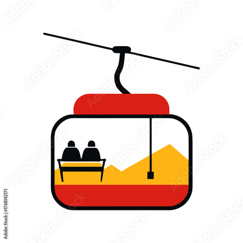 Ski Lift With Skier's Silhouette Minimal And Simple Colorful Vector White Background Only