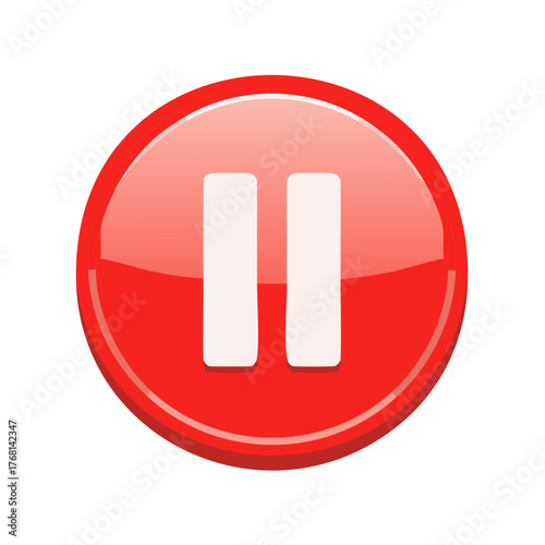 Glossy Red Pause Button Graphic Two Vertical White Lines Resting State Halting Function Stop Media Restraining Concept