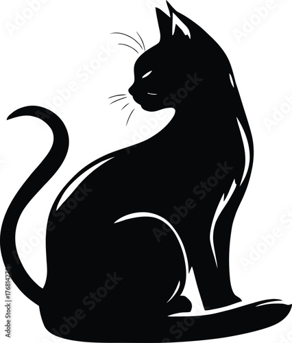 Monochrome Silhouette Illustration of a Sitting Cat with Curled Tail and Subtle Highlights in a Minimalist Black and White Design Emphasizing Grace and Poise
