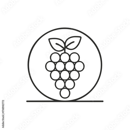 Stylized Grape Bunch Outline in Circle with Two Leaves and Standout Table Line
