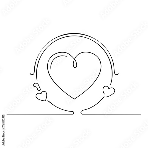 Minimalist love concept with heart shapes and flowing lines in circular frame, artistic graphic