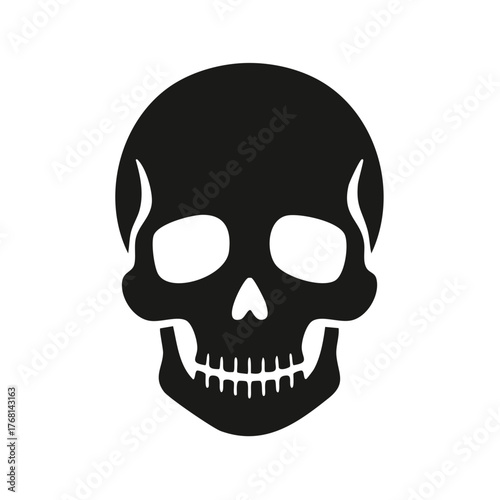 Black and white silhouette of a human skull with open eye sockets, jawline and teeth.