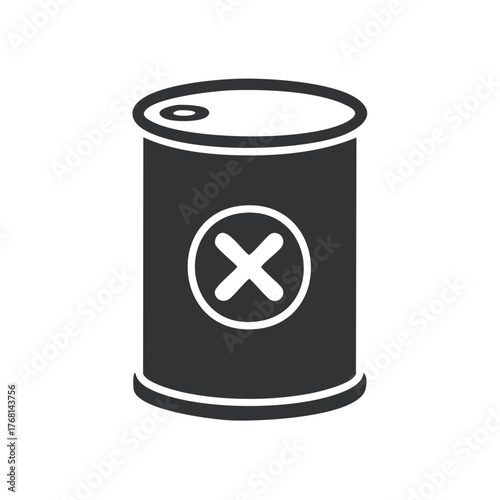 Stylized black and white icon of a sealed tin can with a red X mark inside a circle emblem representing rejection or cancellation
