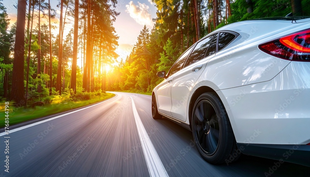 Fototapeta premium White Sedan Driving Through Forest Road at Golden Hour with Motion Blur