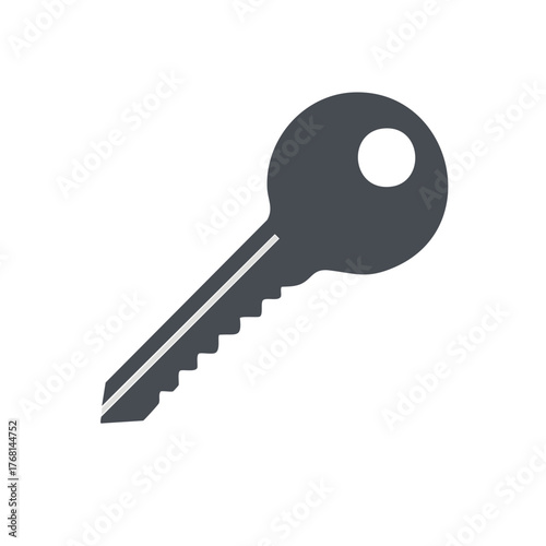 Single gray metal door key. House or vehicle key with a round head and jagged edge.