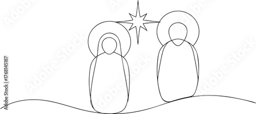 Simple line art nativity scene with star and halos